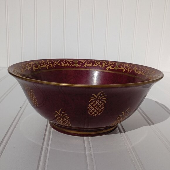 Andrea by Sadek Decorative Pineapple Bowl Gold and Maroon Embossed Scroll Trim - Picture 5 of 12